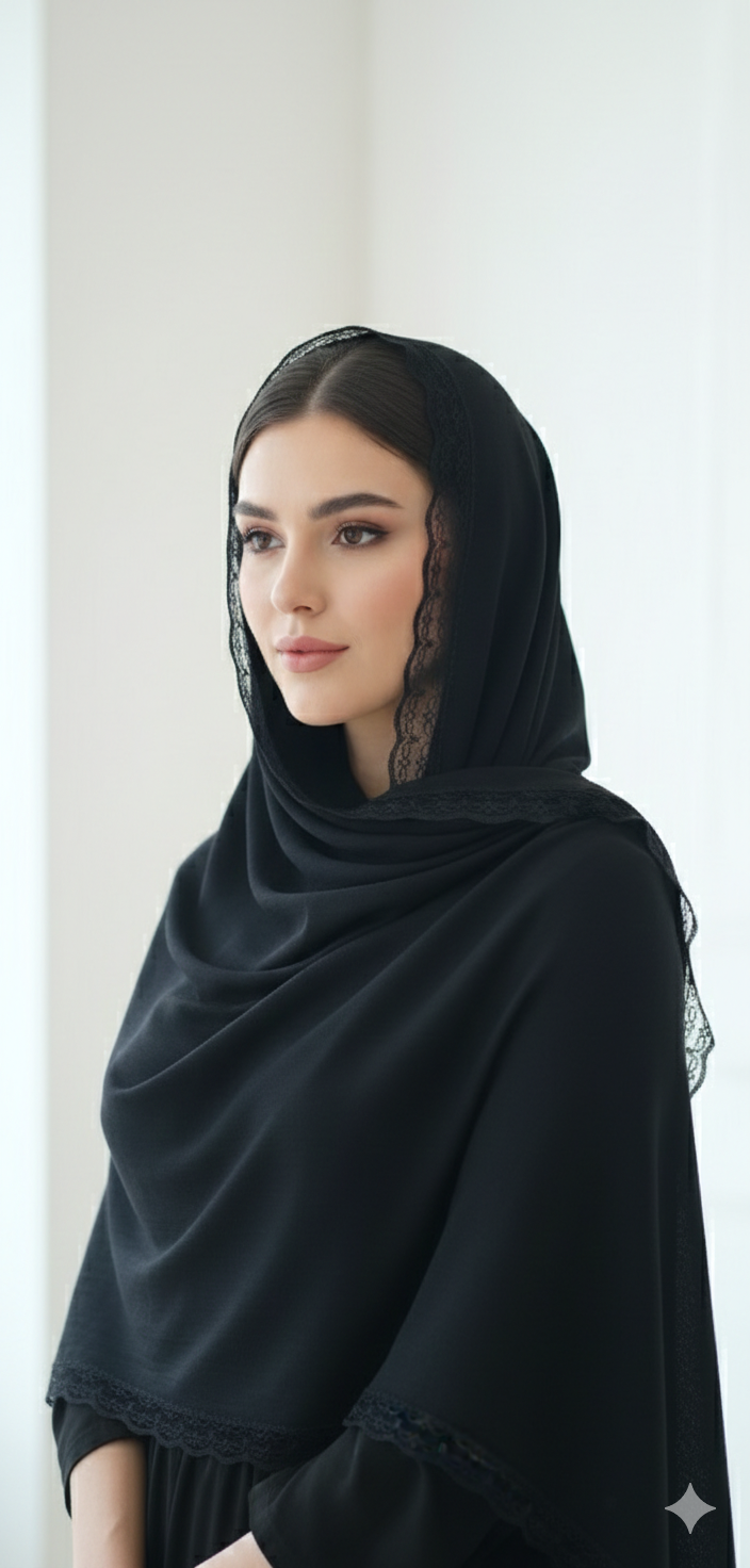 شال مشکی دور دانتل